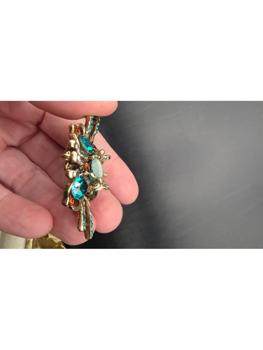 Vintage Style Gold Tone Blue and Opal Rhinestone Brooch